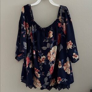 Floral Navy Blouse with Pink and Cream Accents